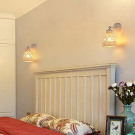 Dijiahua White Wall Sconces Set of 2, Bohemian Modern Light Fixtures with Metal Shade, Farmhouse Handmade Hemp Rope Woven Rattan Craft to Decor Indoor Bedroom, Living Room, Hallway, Kitchen