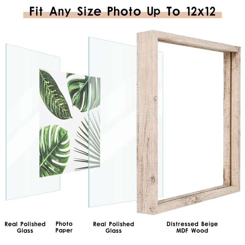 MUYE 12x12 Floating Frame Distressed Beige White Wood Pattern,Double Glass