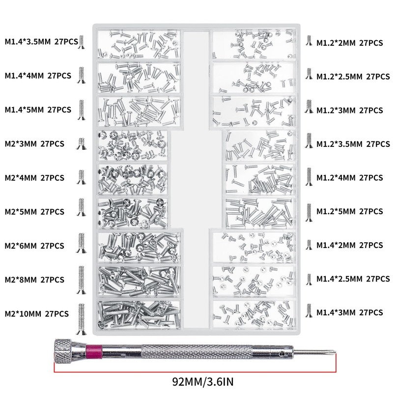 QOOSIKICC 500 Pcs Laptop Screws, M1.2/M1.4/M2 Small Screws, Micro Tiny