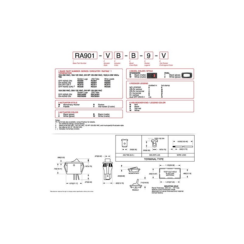 Carling Technologies RA901-VB-B-9-V X4 Switch, Rocker, Spst, 16A, 250V, Black