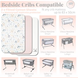 Next to Me Crib Sheets - 3pc Crib Sheets Set - 2 Fitted Cotton Sheets and 1 Waterproof Mattress Protector for Bedside Cribs - 100% Organic Cotton - Made in Europe (Grey Stars&Dots, 83x50cm)