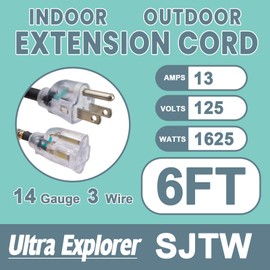 Ultra Explorer 14/3 SJTW Heavy Duty Indoor Extension Cord 6 ft - 3 Prong Black Power Cord Waterproof with Lighted Indicator for Garden and Major Appliances
