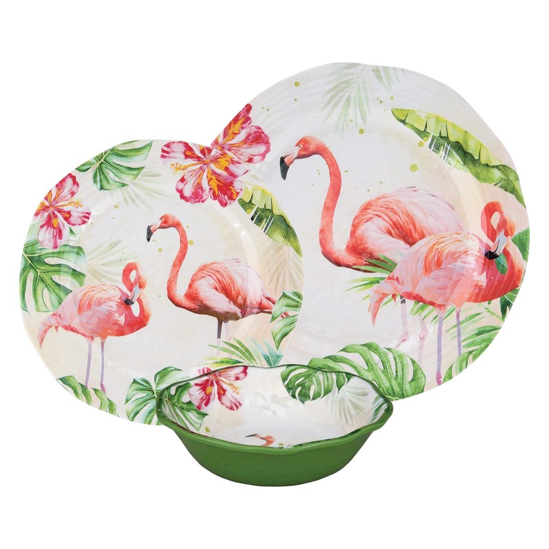 UPware 12 Piece Flamingo Melamine Dinnerware Sets, Outdoor Dishes Set,