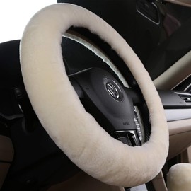 Natural Fur Fuzzy Wool Sheepskin car Steering Wheel Cover for Women and Men,Protector for Universal Steering Wheel 35CM-42CM, Anti-Slip,Comforting and Luxurious, Soft Texture (Cream White)