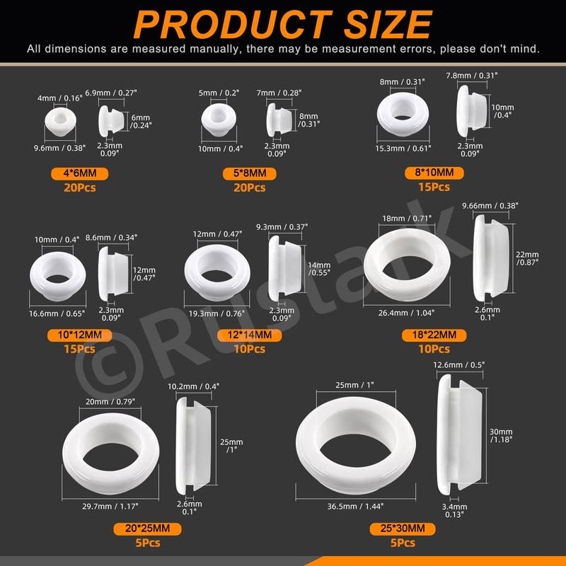 Rustark Pack of 100 8 Sizes White Rubber Grommets Assortment
