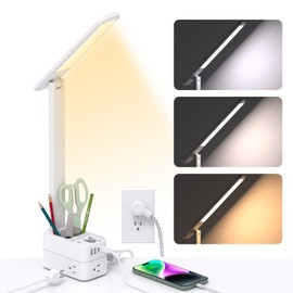 Addtam LED Desk Lamp with Pen Holder, Study Lamps with 3 Outlets 4 USB Charging Ports(2 USBC), 3 Color Modes Desk Light Touch Lamp, Small Desk Lamps for Home Office College Dorm Room Essentials