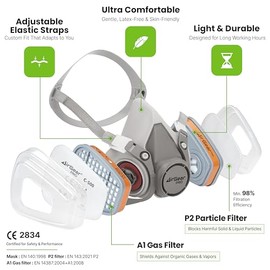 Máscara respiradora reutilizable G-500 con filtros A1P2 | Antigas, antipolvo | Máscara de gas ideal para pintar, carpintería, construcción, lijado, pu