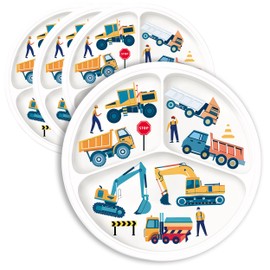 Viynran 10 Inch Portion Control Bariatric Plate - Divided Melamine Plate for Kids and Teens, Balanced Meals with Construction Vehicles and Trucks Design (4 Packs)