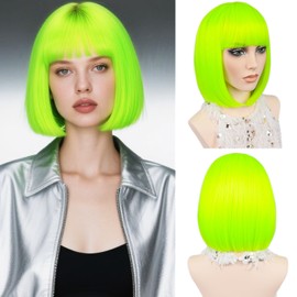 MAYSA Green Bob Hair Wigs with Bangs Short Straight Bob Bangs Wig 12in Colorful Synthetic Cosplay Daily Party Wig for Women # Fluorescent Green