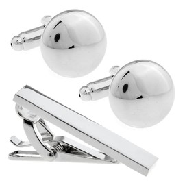 Silver Simple Round Cuff & Tie Clip Set Cufflinks Tie Bar n02780, Brass, No Gemstone