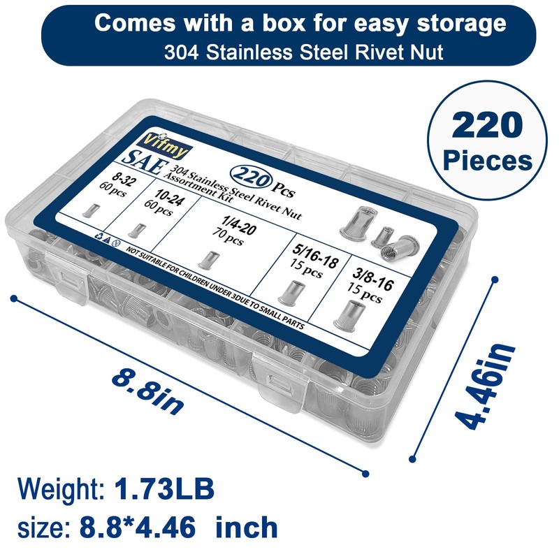 Vifmy SAE Rivet Nut Assortment Kit(220 Pcs),#8-32#10-24 1/4"-20 5/16"-18 3/8"-16