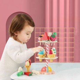 Wondertoys Wooden Ice Cream Stand Pretend Play Kitchen Food Toy Set
