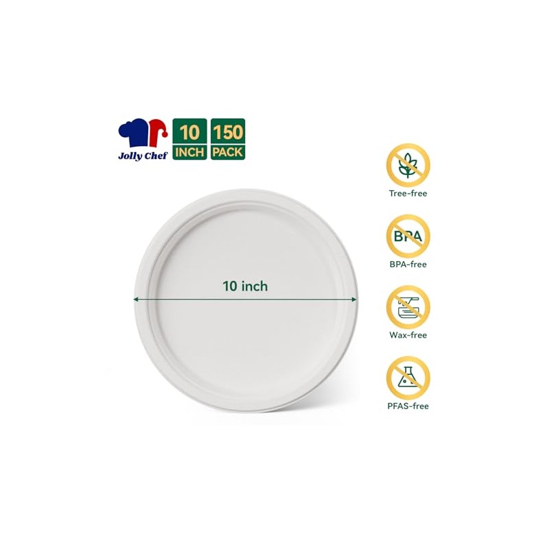 JOLLY CHEF 100% Compostable Paper Plates, 150 Pack 10 Inch