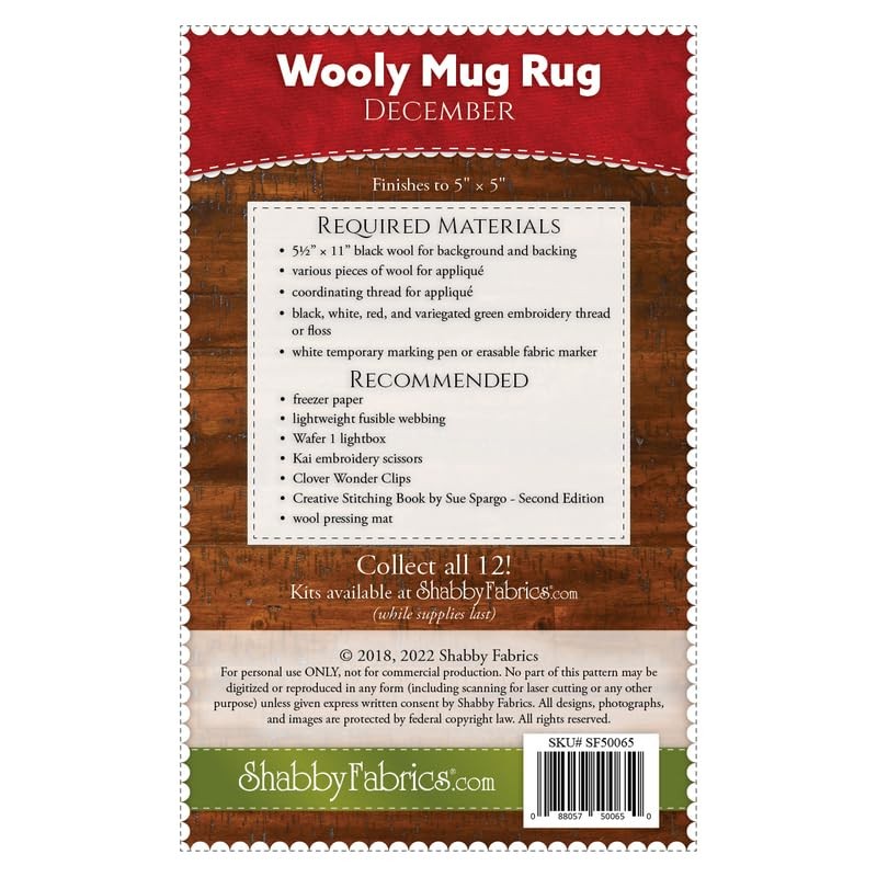 Shabby Fabrics Wooly Mug Rug Series - December Pattern