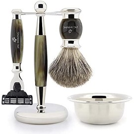 Jag Shaving 3 Edge Shaving Set with Pure Real Badger Brush, Razor and Brush Stand and Bowl
