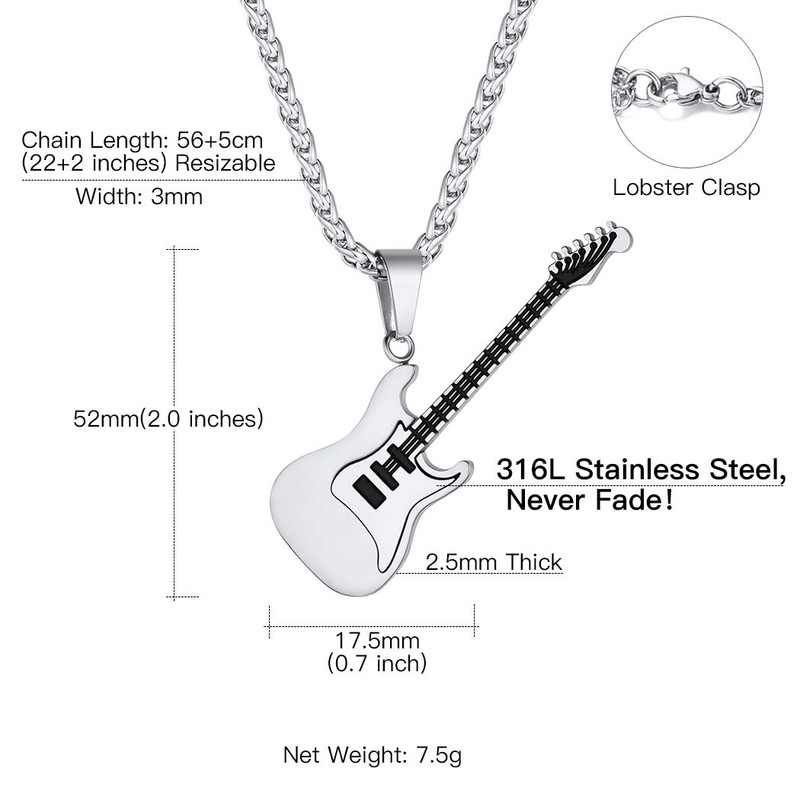 Suplight Platinum Silver Guitar Necklace for Men Boy Rock Music