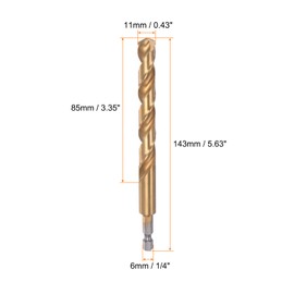 sourcing map 1/4 Inch Hex Shank Drill Bit 11 mm Titanium Bore Bits Set M35 High Speed Steel Rotary Drill Bit 143 mm Long Full Grounding for Wood Stainless Steel Metal Plastic