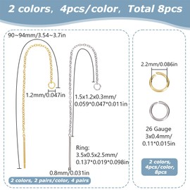 HOBBIESAY 4 Pairs of Threader Earrings in 2 Colours Stainless Steel Chain Tassel with 304 Open Jump Rings Made of Stainless Steel Earrings for Women Golden Dangle Earrings Long Chain for DIY Jewellery