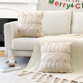 Artscope Set of 2 Xmas Soft Plush Short Wool Velvet Decorative Cushion Covers Square Luxury Style Throw Pillow Covers Pillow Shell for Sofa Bedroom Christmas Tree and Elk Cream Beige, 60x60cm