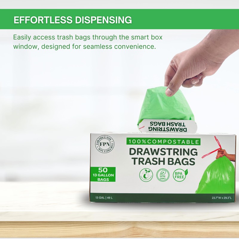 FPN Trash Bags Compostable – 50 Pack (13 gallon), Handle-Tie,