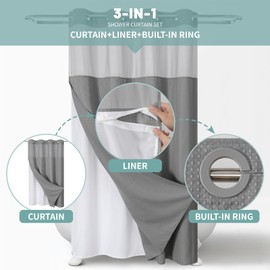eachope Grey No Hook Waffle Weave Shower Curtain with snap-in Liner Replacement, 230GSM Waterproof Fabric Hotel Shower Curtain Set for Bathroom, Through Mesh Top Window,54Wx80H