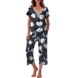 Ekouaer Women's Pajamas Set Short Sleeve Lace V Neck Sleepwear Top Capri Pants Pjs Sets Soft Loungewear,White Flower Black,Small