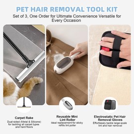 Liznkjious Pet Hair Removal Tool, 3 in 1 Cat Dog Hair Removar Set Including 50" Carpet Rake, Reusable Lint Roller and Static Pet Hair Removal Glove for Rugs,Carpet,Couch,Floors,Furniture,Clothes