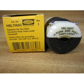 Hubbell HBL7565C Locking Connector, 3 Pole and 3 Wire, 10 amp 250V/15 amp 125V, Black/White