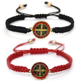 COLORFUL BLING 2Pcs Catholic Virgin Mary Saint Benedict Cross Bracelet Set for Men Women Adjustable Braided Red String 7 Knot San Benito Bracelet Religious Protection Amulet Jewelry Gift-A b r