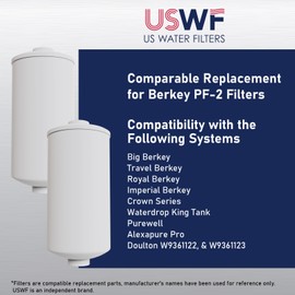 USWF Replacement for Berkey PF-2 Fluoride Filters, Gravity-fed Fluoride Reduction Elements, Fits Berkey Systems, USWF Gravity Water Filter System, and more. NSF/ANSI 372 Certified (Pack of 2)
