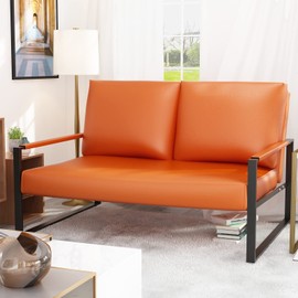 AWQM Mid-Century Modern Solid Loveseat Sofa Upholstered Faux Leather 2-Seat Couch Metal Armchair Accent Chair for Small Space Living Room, Bedroom, 105 Degree Slant Back, Easy-Assembly, Orange