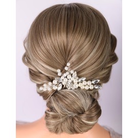 Teyglen Silver Wedding Pearl Hair Comb Elegant Pearl Crystal Hair Piece Bride Wedding Hair Comb Decorative Hair Accessories for Women Pearl Rhinestone Headpiece (Silver)