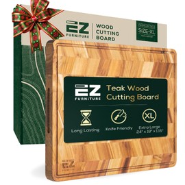EZ FURNITURE Non-Toxic Teak Wood Cutting & Serving Board, Christmas Gift Idea, Juice Groove & Handles, Pre-Oiled with Food-Grade Mineral Oil (XL 24" x 18" x 1.15", 12.35 lbs)
