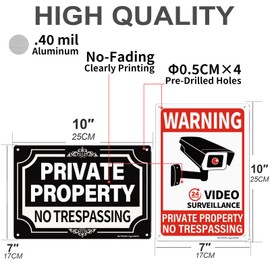 BUTMUOE (2 Pack) Private Property No Trespassing Metal Sign, Video Surveillance Signs Outdoor - 10 x 7 Inches Rust Free Aluminum Sign, Reflective, Security camera sign for home, Weatherproof