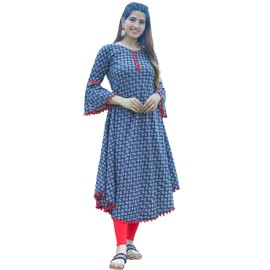 Yash Gallery Women's Cotton Round Neck Calf length Bell Sleeve Anarkali Kurta Dress with Pom Pom for Valentine’s Day, Blue, X-Large