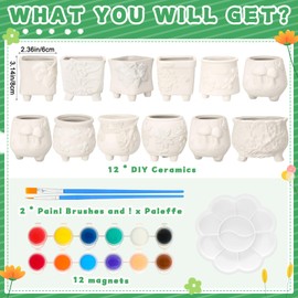 Hushee 12 Sets Ceramic Animal Succulent Planters Paintable Succulent Plant Pots Small DIY Figurines Unpainted Succulent Pots with Drainage Hole Color Paints Paintbrushes Palettes(Flower)