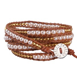 KELITCH Imitation-Pearl and Gold-Plated Metal Nugget Bead 5 Wrap Bracelet on Brown Leather