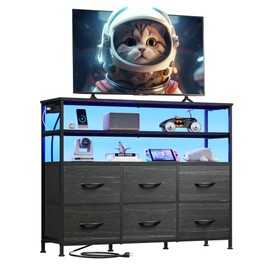 WLIVE Black TV Stand for 40, 45 inch TV, Entertainment Center with LED Lights & Charging Station, TV Media Console Table with 6 Fabric Drawers and Open Shelves for Living Room, Hallway, Wood Top