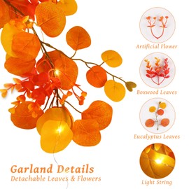 N&T NIETING 4 Pack Fall Eucalyptus Garland with Lights, 6FT Artificial Orange Eucalyptus Garland, Battery Operated Twig Vine Fall Decorations for Home Thanksgiving Table Fireplace Mantle Party Outdoor