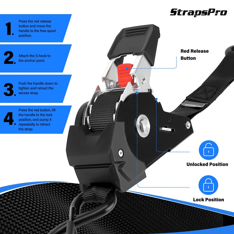 Retractable Ratchet Straps, 1763lb Break Strength Heavy Duty Auto Self