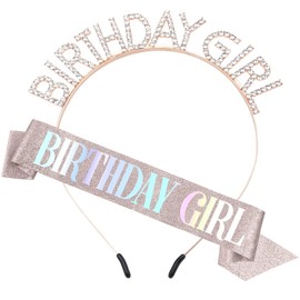 Birthday Crowns for Women, Rose-Gold Blink Birthday Girl Sash & Birthday Tiara for Women Set