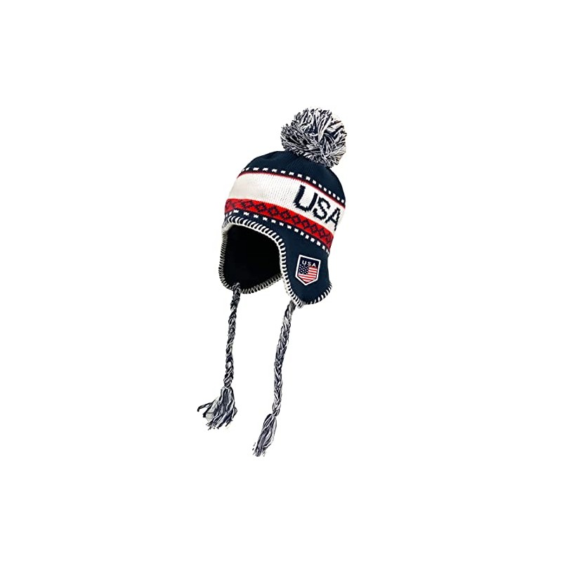 USA Winter Knit Beanie With Pom - Ski Cap, Peruvian