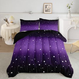QOOMO 3Pcs Starry Sky Comforter Set Twin,Purple Glitter Star Bedding Set for Teens Boys Girls,Purple and Black Printed Comforter with 2 Pillowcases,Down Alternative,Soft and Lightweight