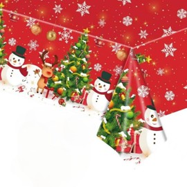 COSORO 137 * 274cm Plastic Christmas Tablecloths Party,Large Xmas Table Cloth Rectangle Snowman Santa Deer Red Christmas Tablecloth Party Table Cover for Christmas Party Tableware Decorations