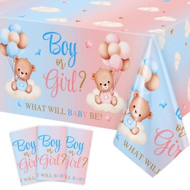 Lopeastar 3Pcs Bear Gender Reveal Decorations Tablecloths, Boy Or Girl Gender Reveal Decorations Pink Blue Teddy Bear Large Size Rectangle Table Cloths 58 x 108Inch