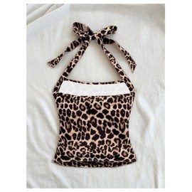 Milumia Women's Leopard Floral Tank Top Halter Neck Backless Sleeveless Party Tops Brown Small