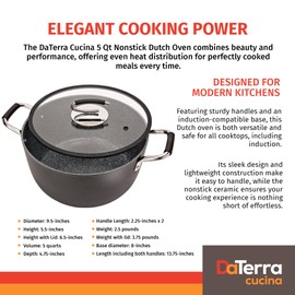DaTerra Cucina - 5 Qt Nonstick Ceramic Dutch Oven Pot with Lid – Lightweight Nonstick Pot with Dual Handles, Perfect for Soup, Pasta, Sautéing, Searing, Induction & Stovetop Safe - Black