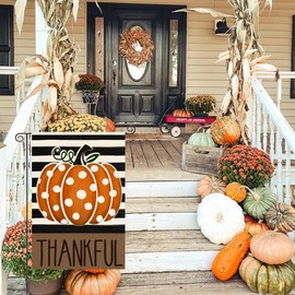 ARGOOFG Thanksgiving Fall Garden Flag 12x18 Inch Double Sided for Outside, Thankful Polka Dot Pumpkin Striped Outdoor Seasonal Yard Flag Porch Decor 2-12