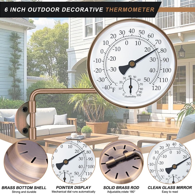 6 Inch Brass Outdoor Thermometer, Outdoor Temperature Gauge with Humidity,