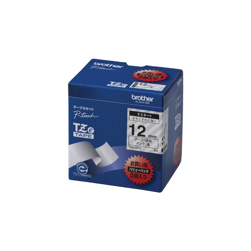 Brother TZe tape ramine-tote-pu (Clear/Black) 12 mm Pack of 5